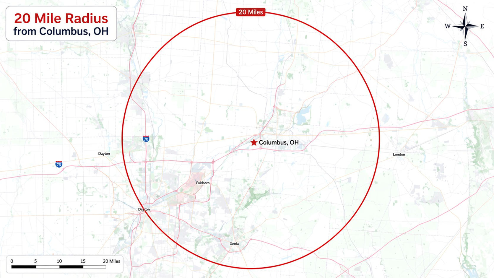 The Tote Guy service area — 20-mile radius from Columbus, Ohio